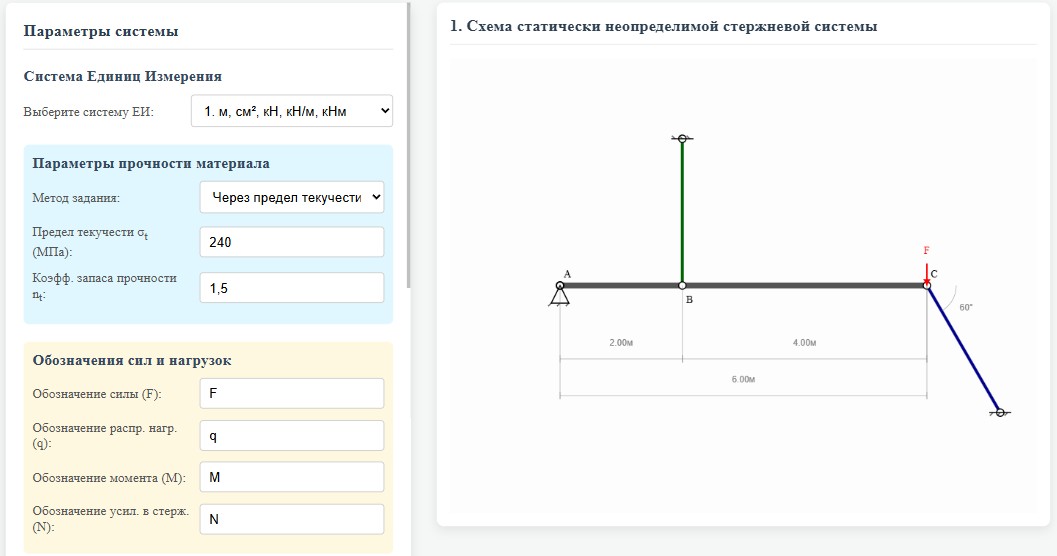 Руководство по использованию калькулятора «Статически Неопределимая Система» 1 1 Общий вид калькулятора с панелью управления и схемой