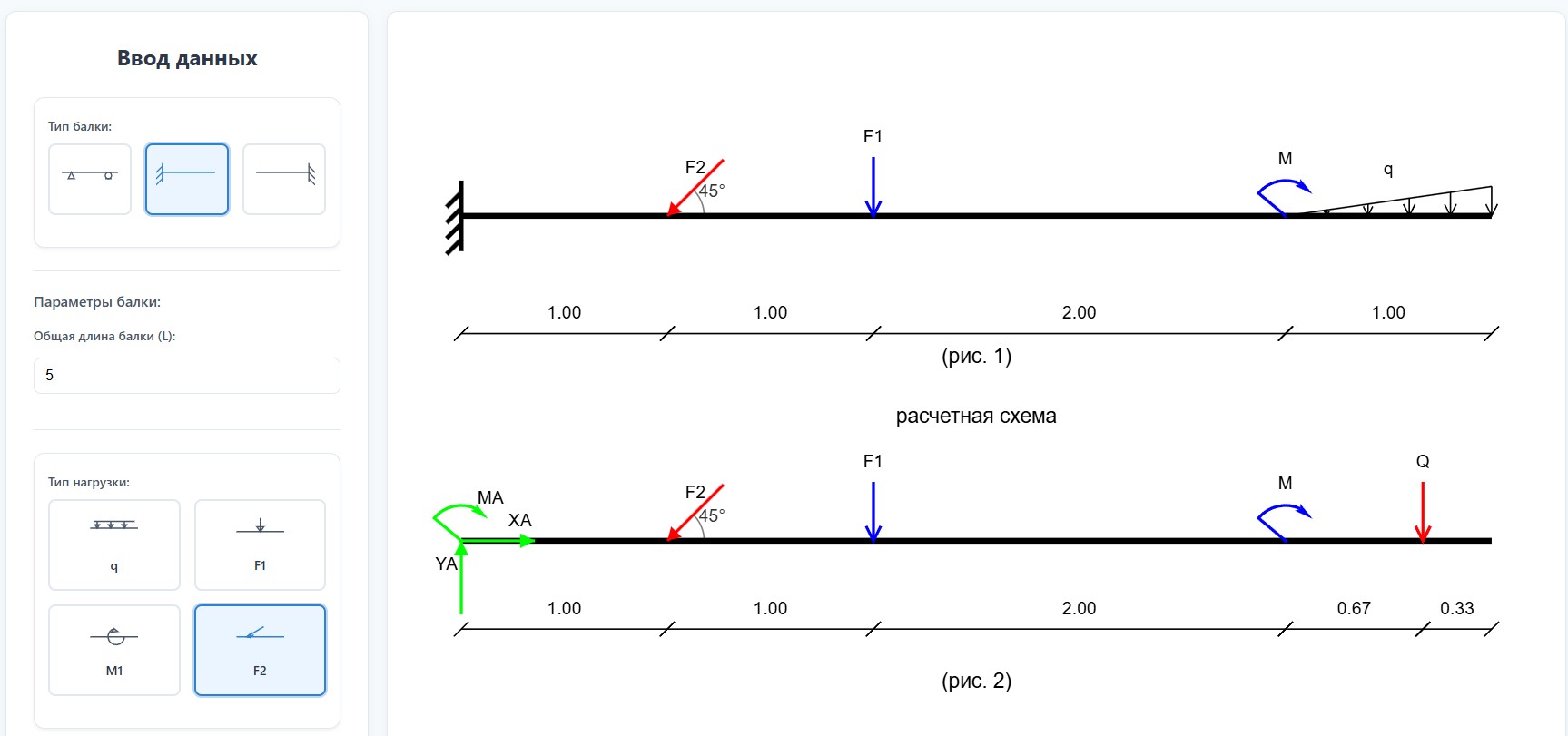 Общий вид интерфейса калькулятора для расчета реакций опор балки